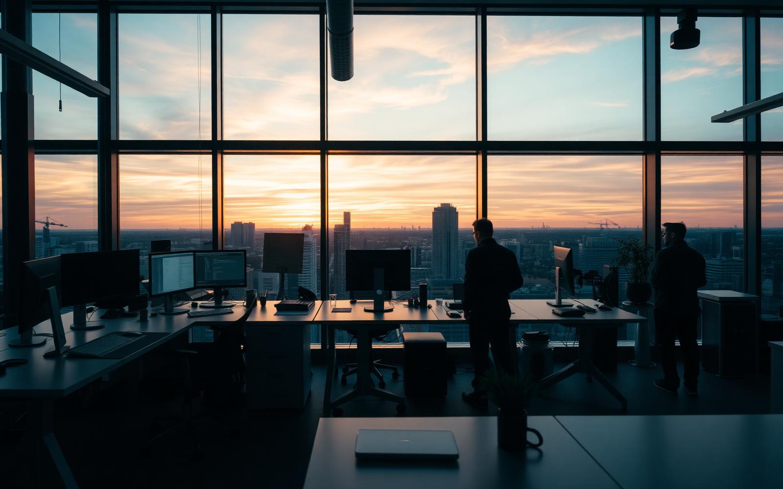 A development team workspace overlooking a city skyline at dusk